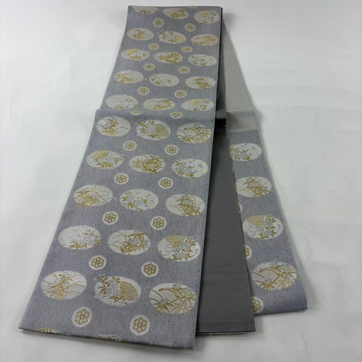 袋帶 秀品級 檜扇子 草花紋 金糸 金金箔 灰 深藍 六通 純蠶絲