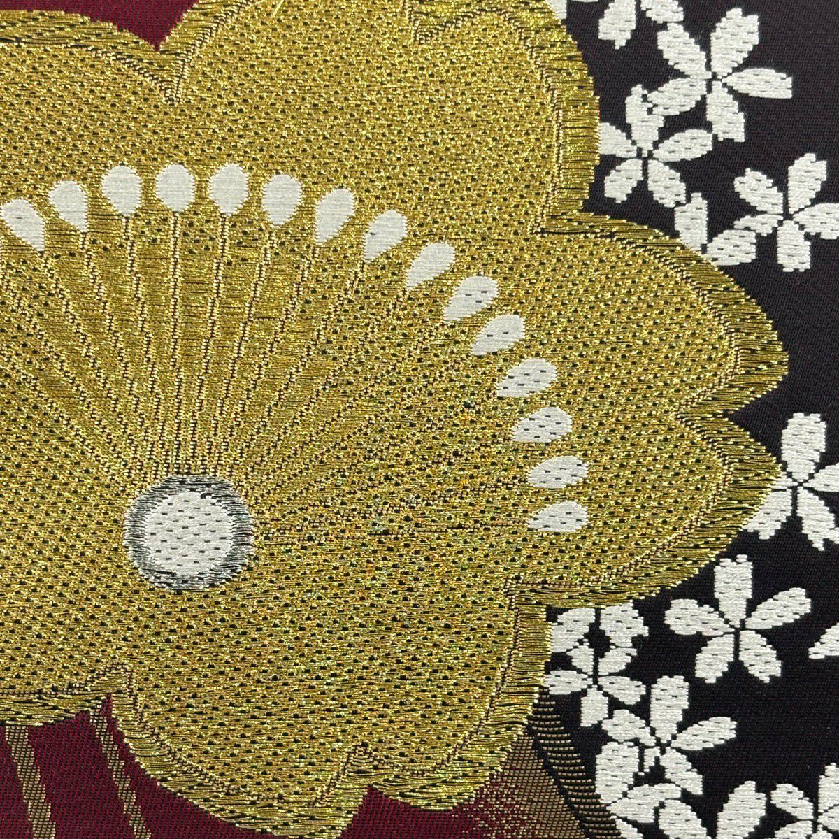 袋帶 秀品級 樱花花瓣 金金箔 唐織 深紅色 六通 純蠶絲