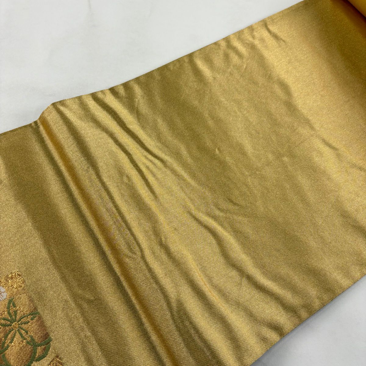 袋帶 秀品級 菊花 熨斗紋 唐織 金金箔 金色 六通 純蠶絲