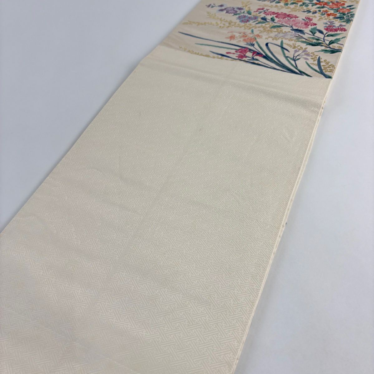 袋帶 秀品級 草花紋紋 枝花 金絲 米色 六通 純蠶絲