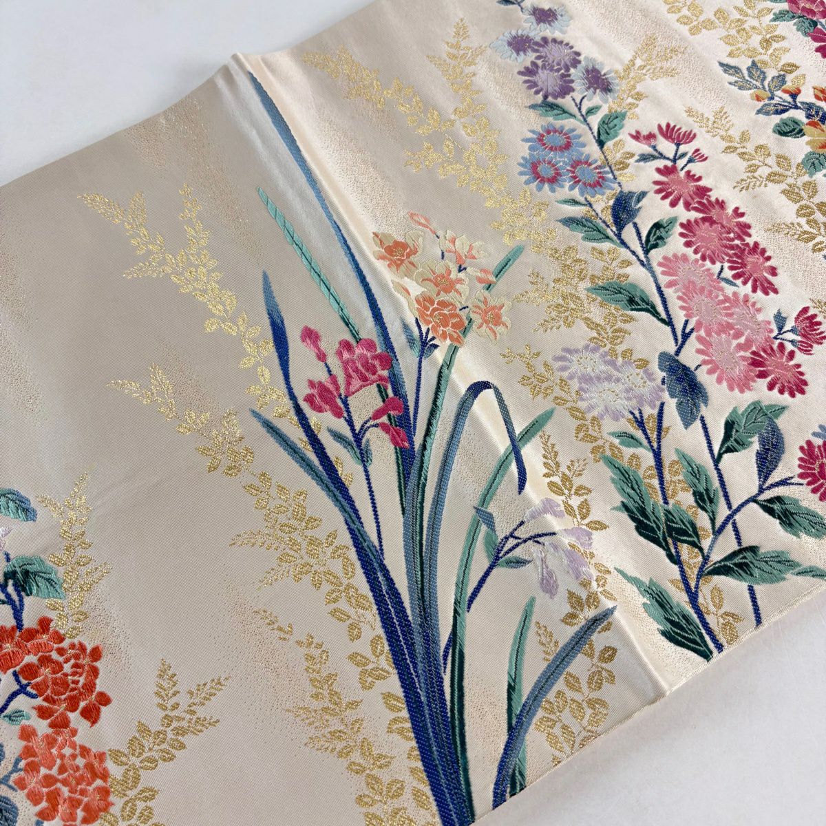袋帶 秀品級 草花紋紋 枝花 金絲 米色 六通 純蠶絲