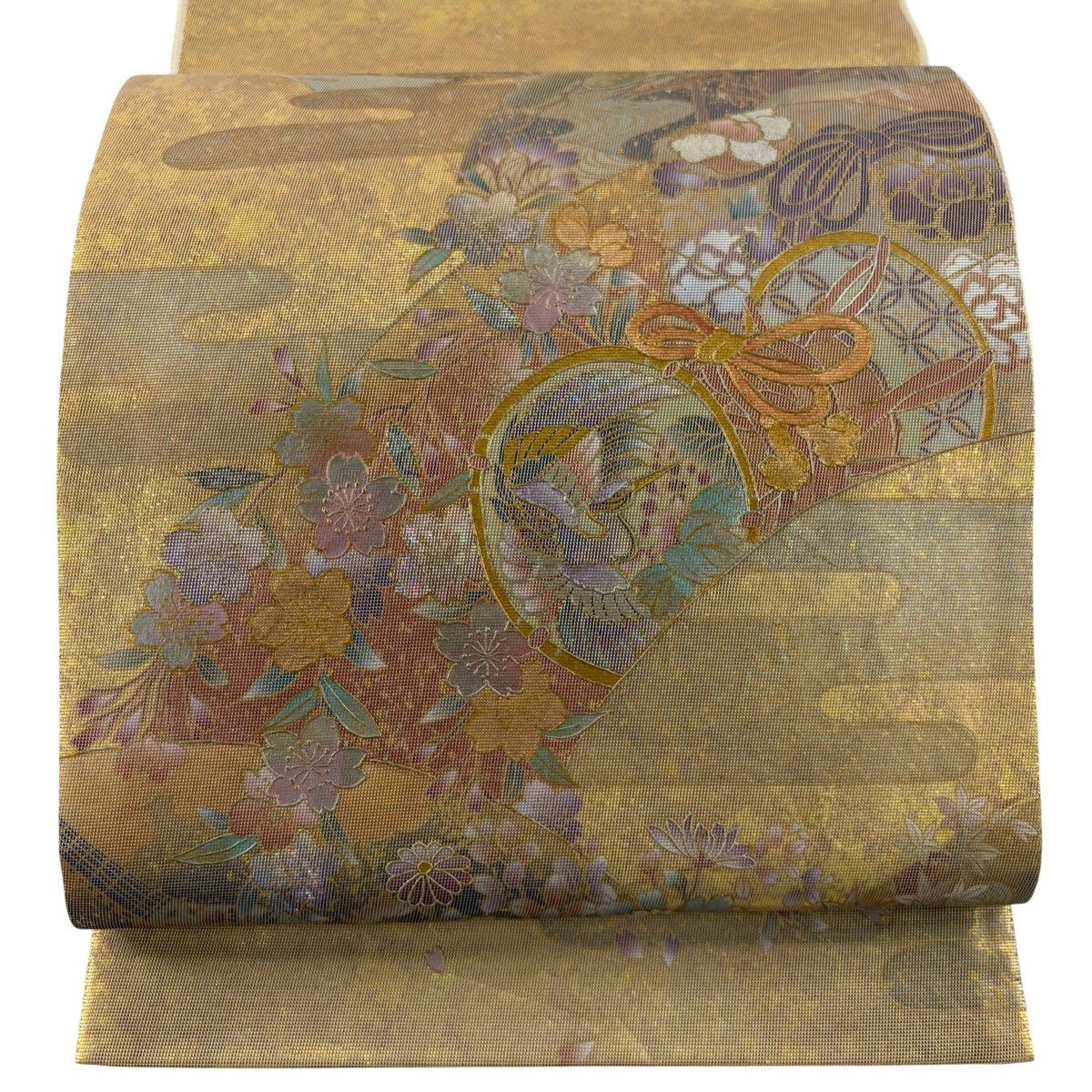 袋帶 秀品級 鼓 花鳥 金金箔 金銀彩 金色 大鼓圖案 純蠶絲
