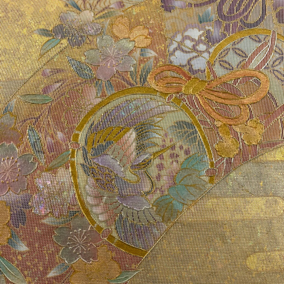 袋帶 秀品級 鼓 花鳥 金金箔 金銀彩 金色 大鼓圖案 純蠶絲