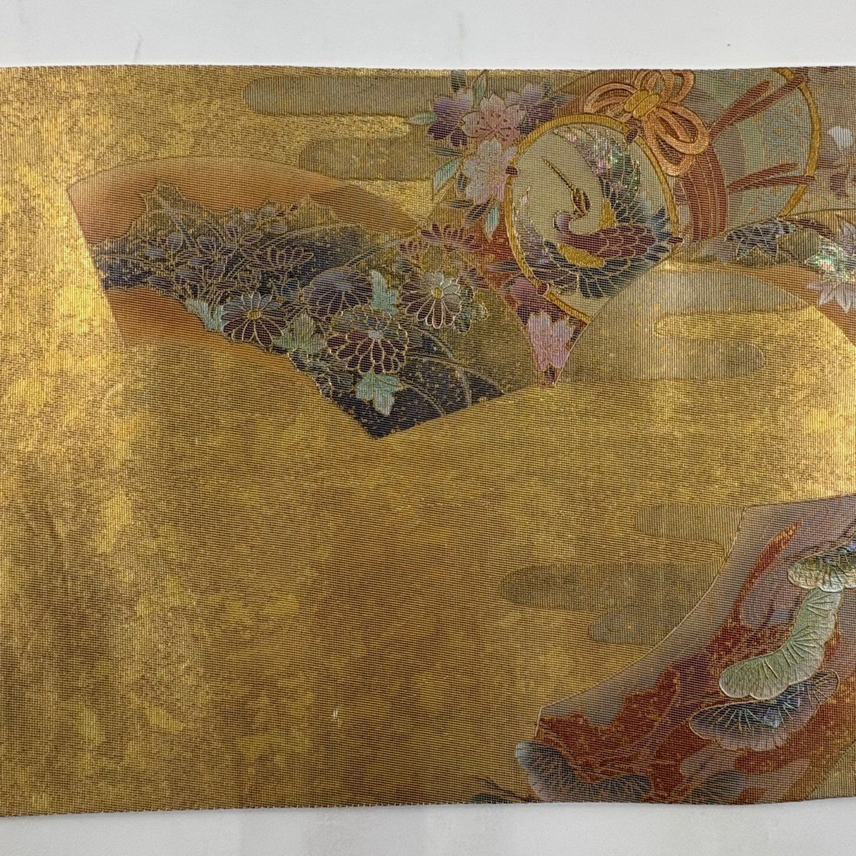袋帶 秀品級 鼓 花鳥 金金箔 金銀彩 金色 大鼓圖案 純蠶絲