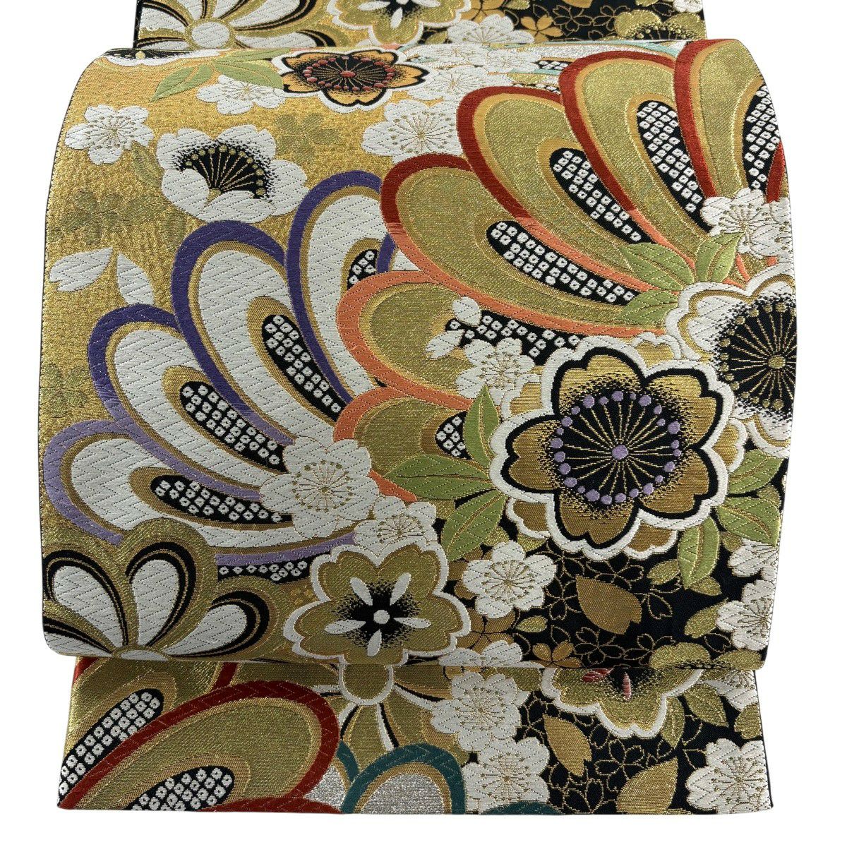 【美品】 袋帶 秀品級 振袖禮服禮服用 櫻花 金銀絲 金金箔 黑 六通 純蠶絲