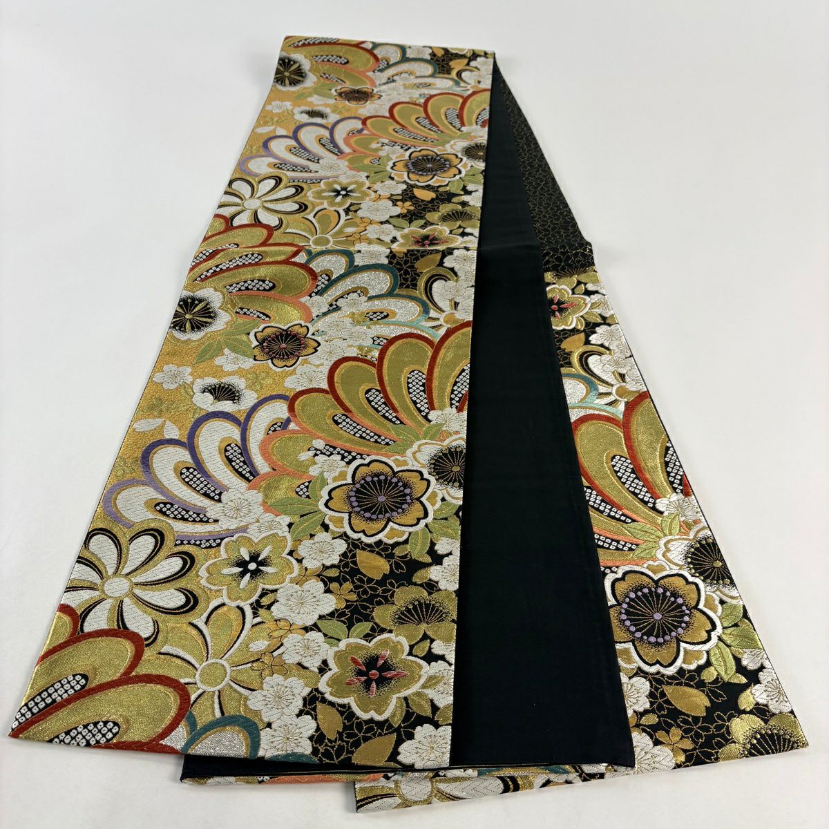 【美品】 袋帶 秀品級 振袖禮服禮服用 櫻花 金銀絲 金金箔 黑 六通 純蠶絲