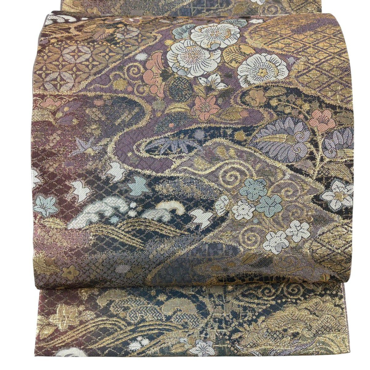 【美品】 袋帶 秀品級 大和 草花紋 鳥 金糸 金金箔 灰紫 六通 純蠶絲