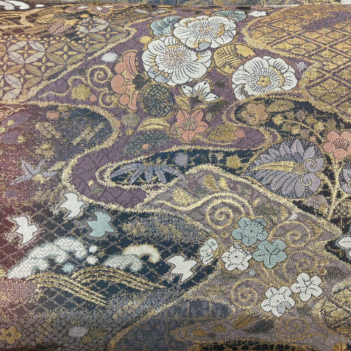 【美品】 袋帶 秀品級 大和 草花紋 鳥 金糸 金金箔 灰紫 六通 純蠶絲