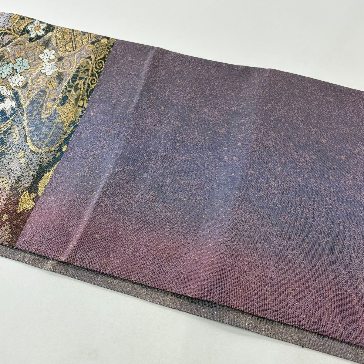 【美品】 袋帶 秀品級 大和 草花紋 鳥 金糸 金金箔 灰紫 六通 純蠶絲