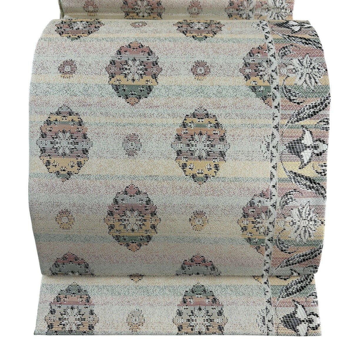 【美品】 袋帶 秀品級 花 縞 金金箔 米色 六通 純蠶絲