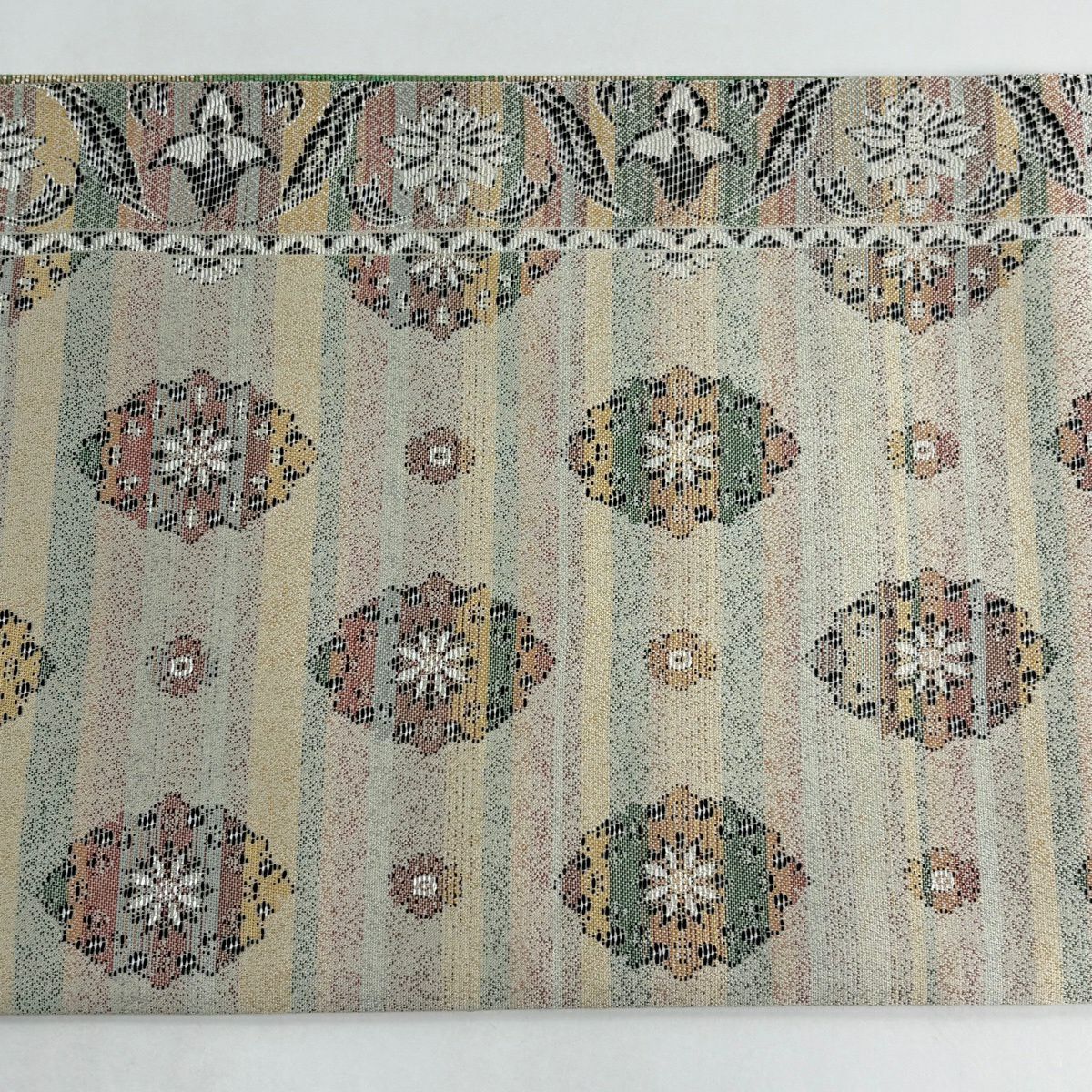 【美品】 袋帶 秀品級 花 縞 金金箔 米色 六通 純蠶絲