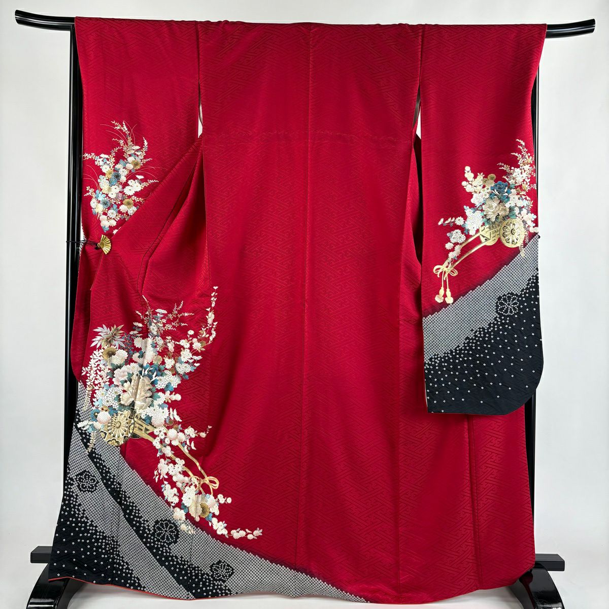 振袖禮服 身長167.5cm 袖長68cm L 雙層 花車 地紋 金銀彩 絞染 紅 純蠶絲 秀品級