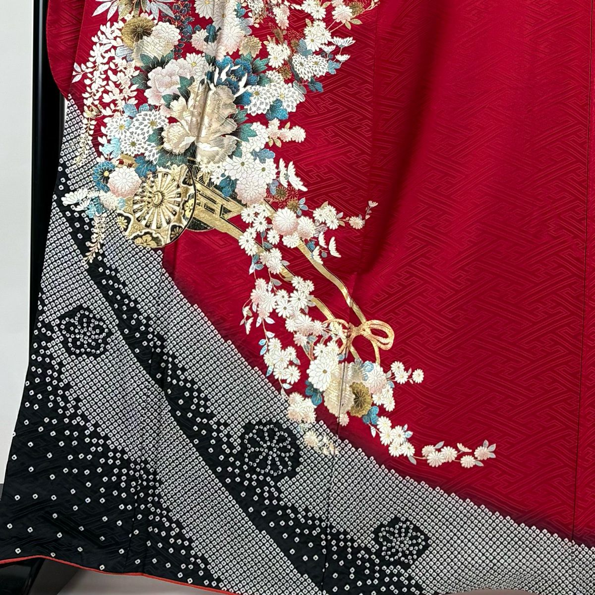 振袖禮服 身長167.5cm 袖長68cm L 雙層 花車 地紋 金銀彩 絞染 紅 純蠶絲 秀品級