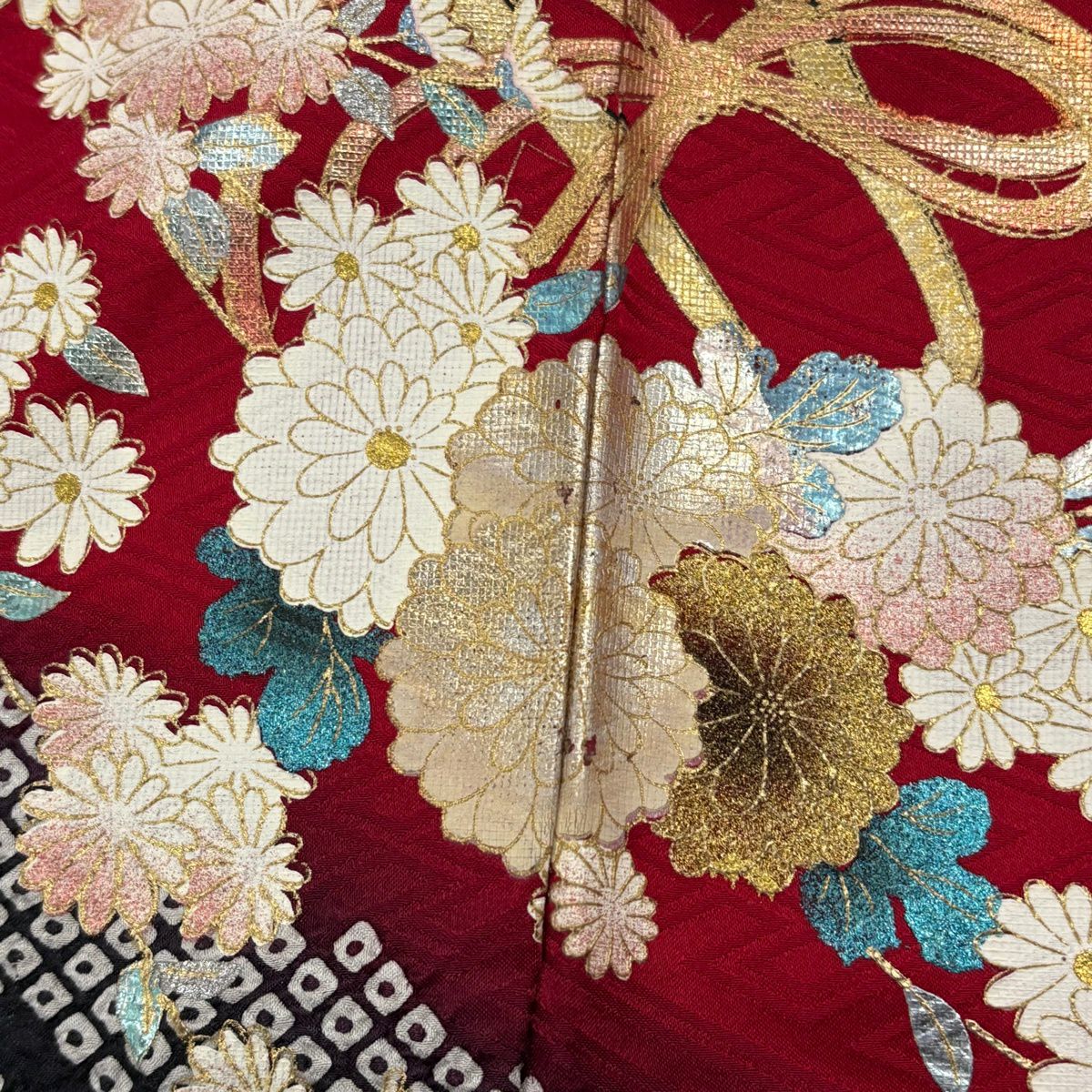 振袖禮服 身長167.5cm 袖長68cm L 雙層 花車 地紋 金銀彩 絞染 紅 純蠶絲 秀品級