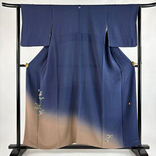 【美品】 付下 身長158cm 袖長64cm M 雙層 落款あり 葉與實 逐漸染 蝉織 深藍 純蠶絲 秀品級 一個紋