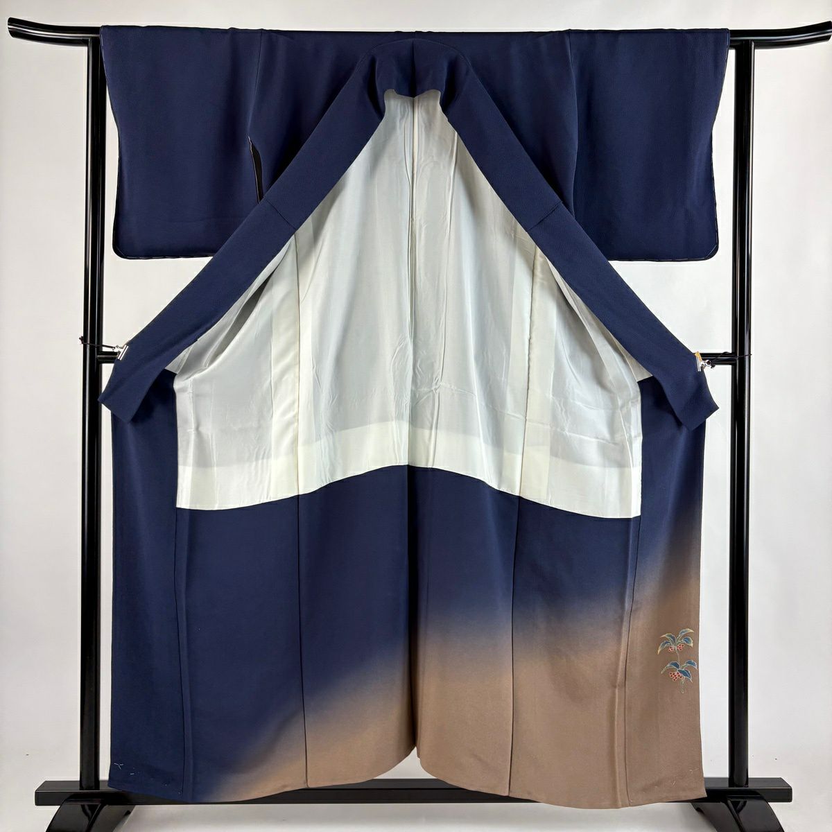 【美品】 付下 身長158cm 袖長64cm M 雙層 落款あり 葉與實 逐漸染 蝉織 深藍 純蠶絲 秀品級 一個紋