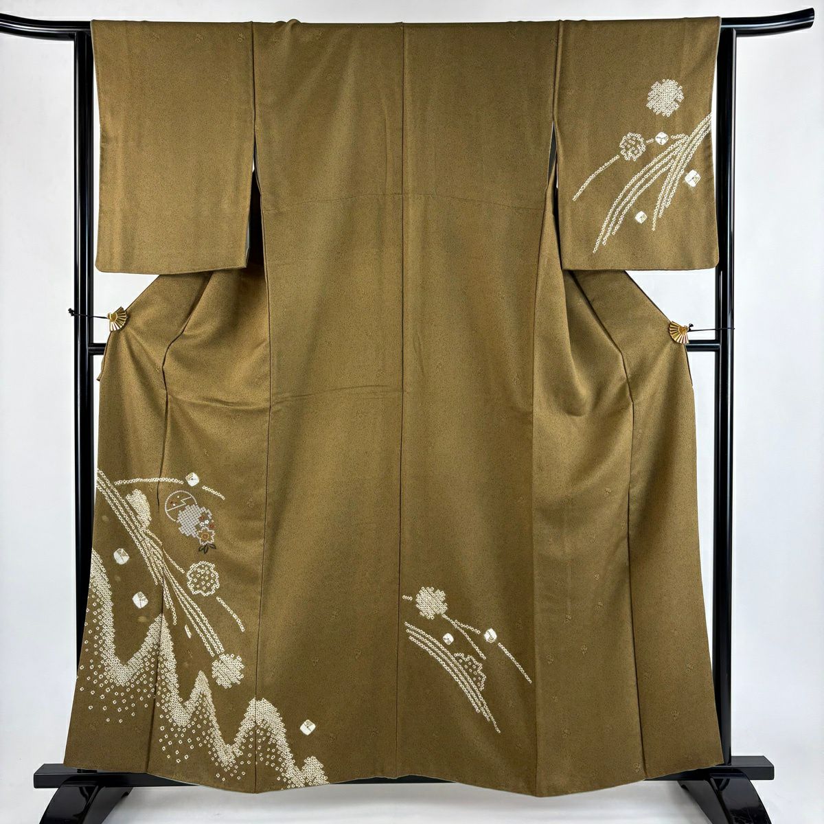 【美品】 付下 身長159cm 袖長64.5cm M 雙層 櫻花 雪輪 刺繡 絞染 茶綠 純蠶絲 優品級