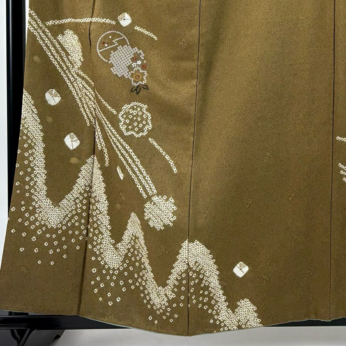 【美品】 付下 身長159cm 袖長64.5cm M 雙層 櫻花 雪輪 刺繡 絞染 茶綠 純蠶絲 優品級