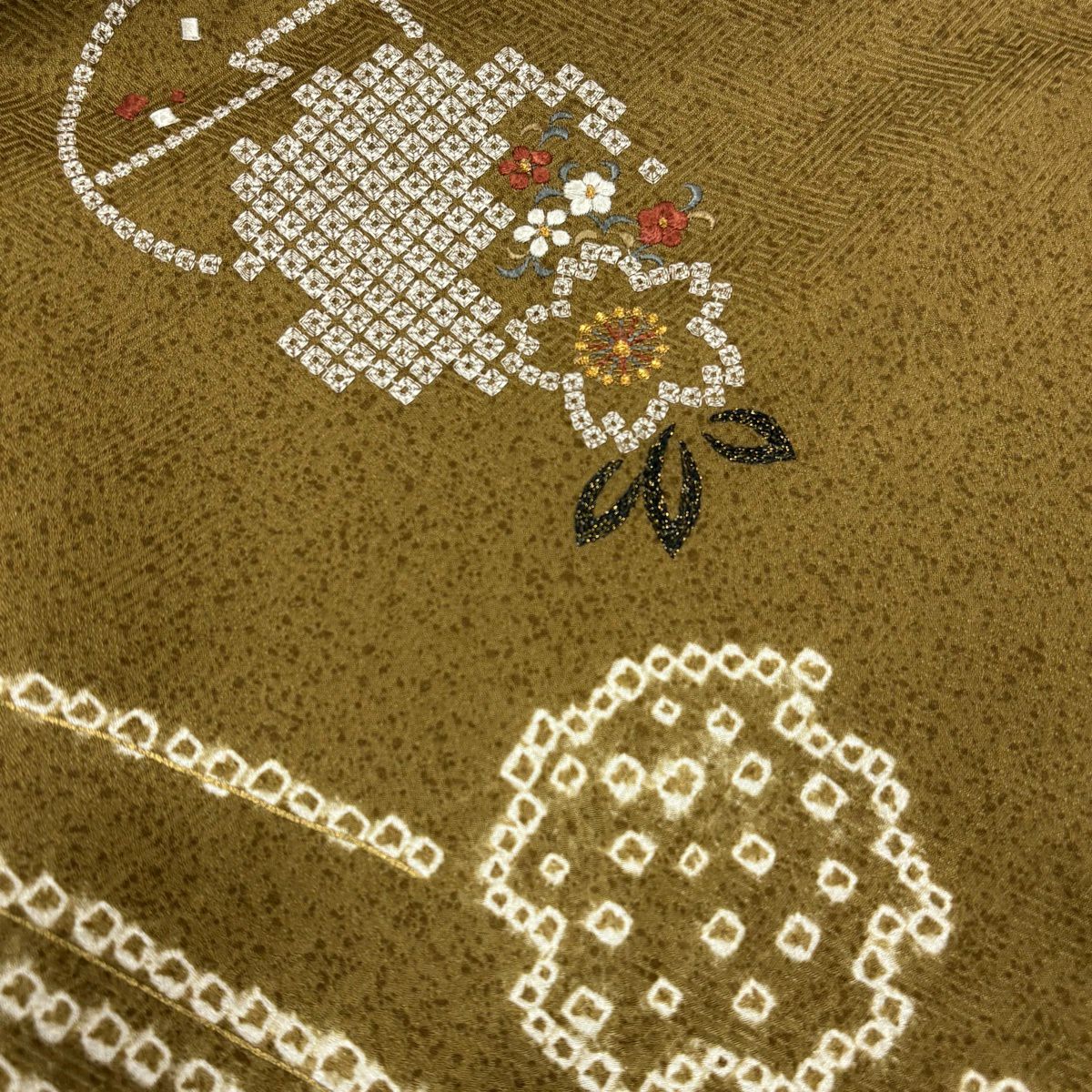 【美品】 付下 身長159cm 袖長64.5cm M 雙層 櫻花 雪輪 刺繡 絞染 茶綠 純蠶絲 優品級
