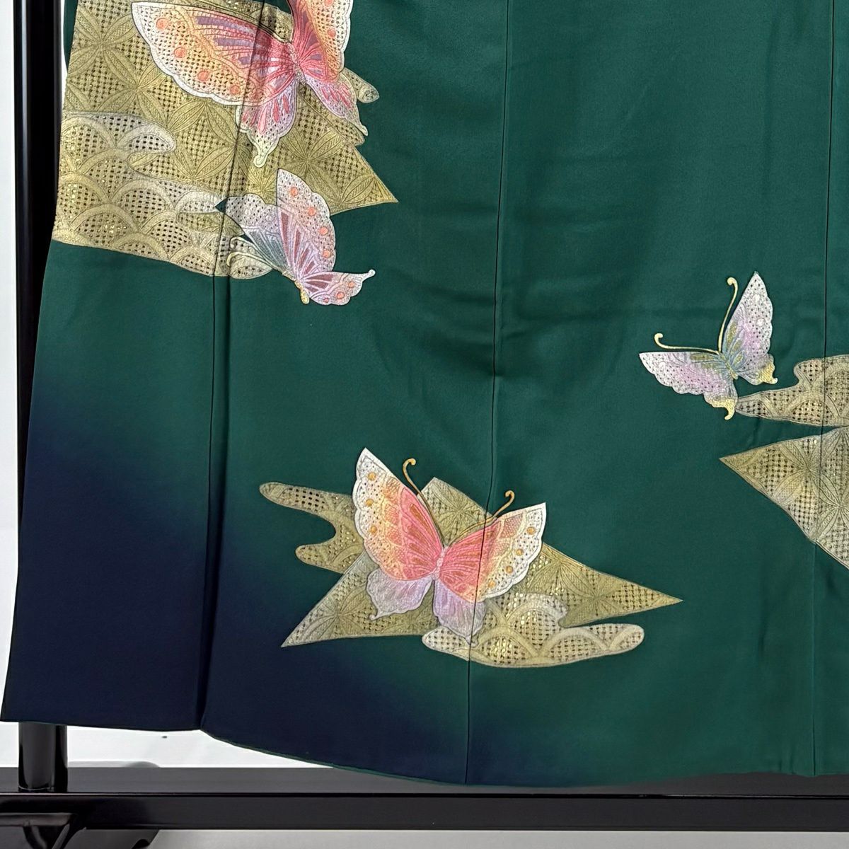 振袖禮服 身長155cm 袖長64.5cm M 雙層 蝶 七寶紋 刺繡 金銀彩 綠 純蠶絲 秀品級