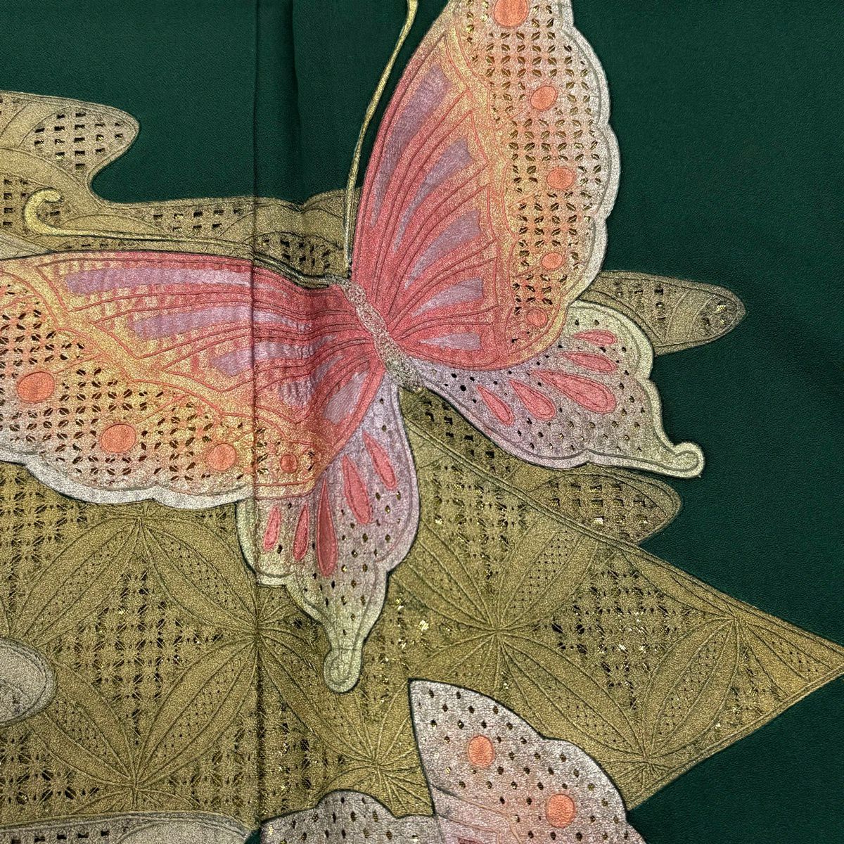 振袖禮服 身長155cm 袖長64.5cm M 雙層 蝶 七寶紋 刺繡 金銀彩 綠 純蠶絲 秀品級