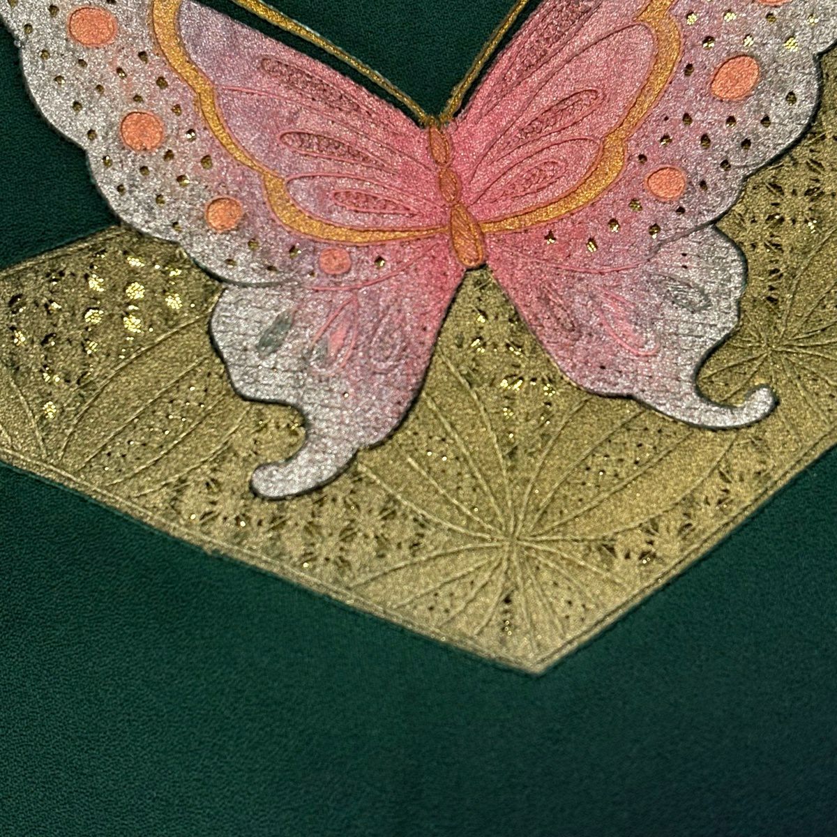 振袖禮服 身長155cm 袖長64.5cm M 雙層 蝶 七寶紋 刺繡 金銀彩 綠 純蠶絲 秀品級