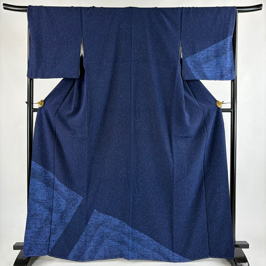 【美品】 付下 身長166cm 袖長67.5cm L 雙層 幾何學圖案 深藍 純蠶絲 秀品級
