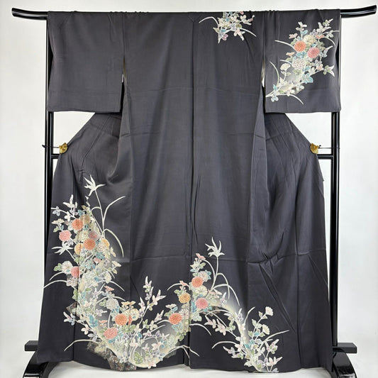 訪問服 身長164cm 袖長68.5cm L 雙層 菊花 萩 金銀彩 漸層 灰色 純蠶絲 優品級