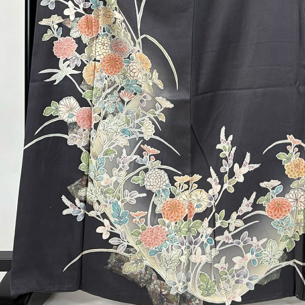 訪問服 身長164cm 袖長68.5cm L 雙層 菊花 萩 金銀彩 漸層 灰色 純蠶絲 優品級