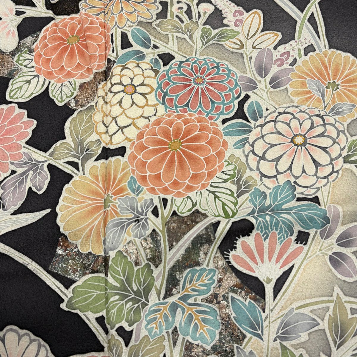 訪問服 身長164cm 袖長68.5cm L 雙層 菊花 萩 金銀彩 漸層 灰色 純蠶絲 優品級
