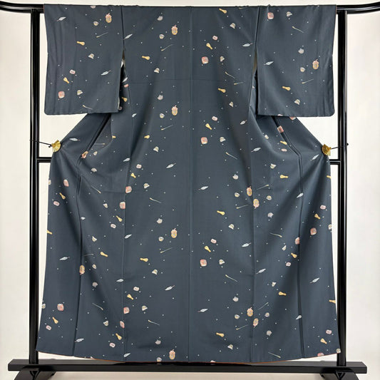 【美品】 小紋 身長157cm 袖長63cm S 雙層 茶道具 梅花 灰 純蠶絲 秀品級