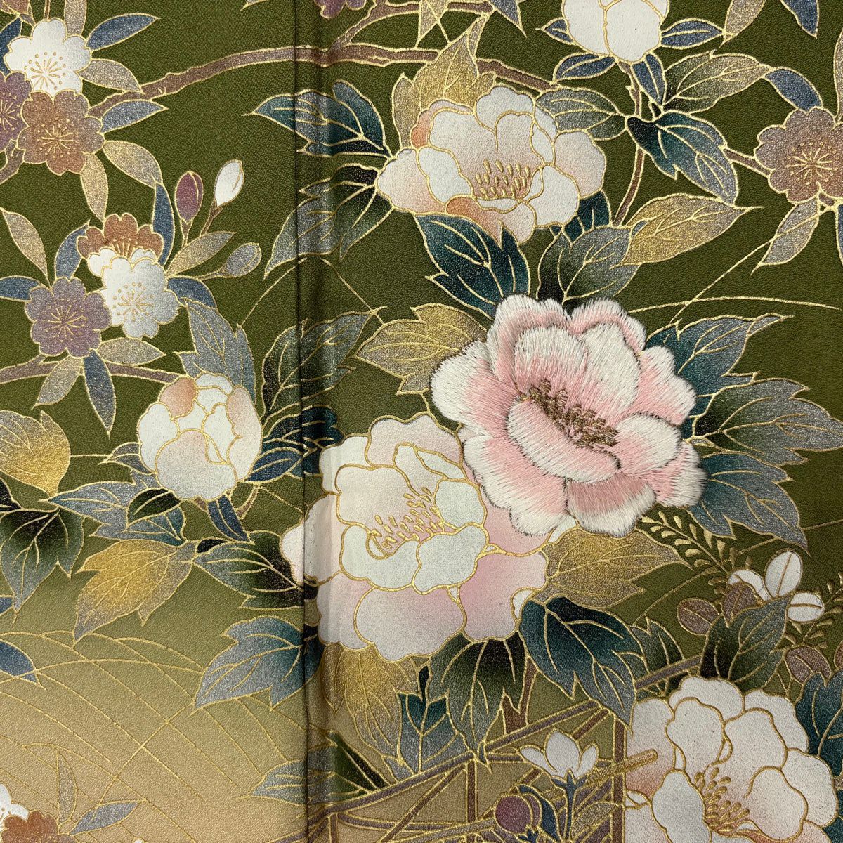訪問服 身長160.5cm 袖長66.5cm M 雙層 牡丹 櫻花 刺繡 金糸 蓬色 純蠶絲 秀品級