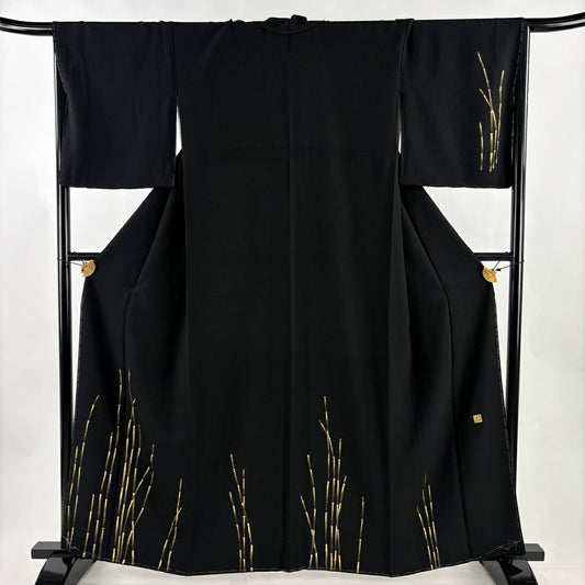 【美品】 付下 身長162.5cm 袖長67.5cm L 雙層 岩井友見 落款 木賊 金銀彩 黑 純蠶絲 秀品級