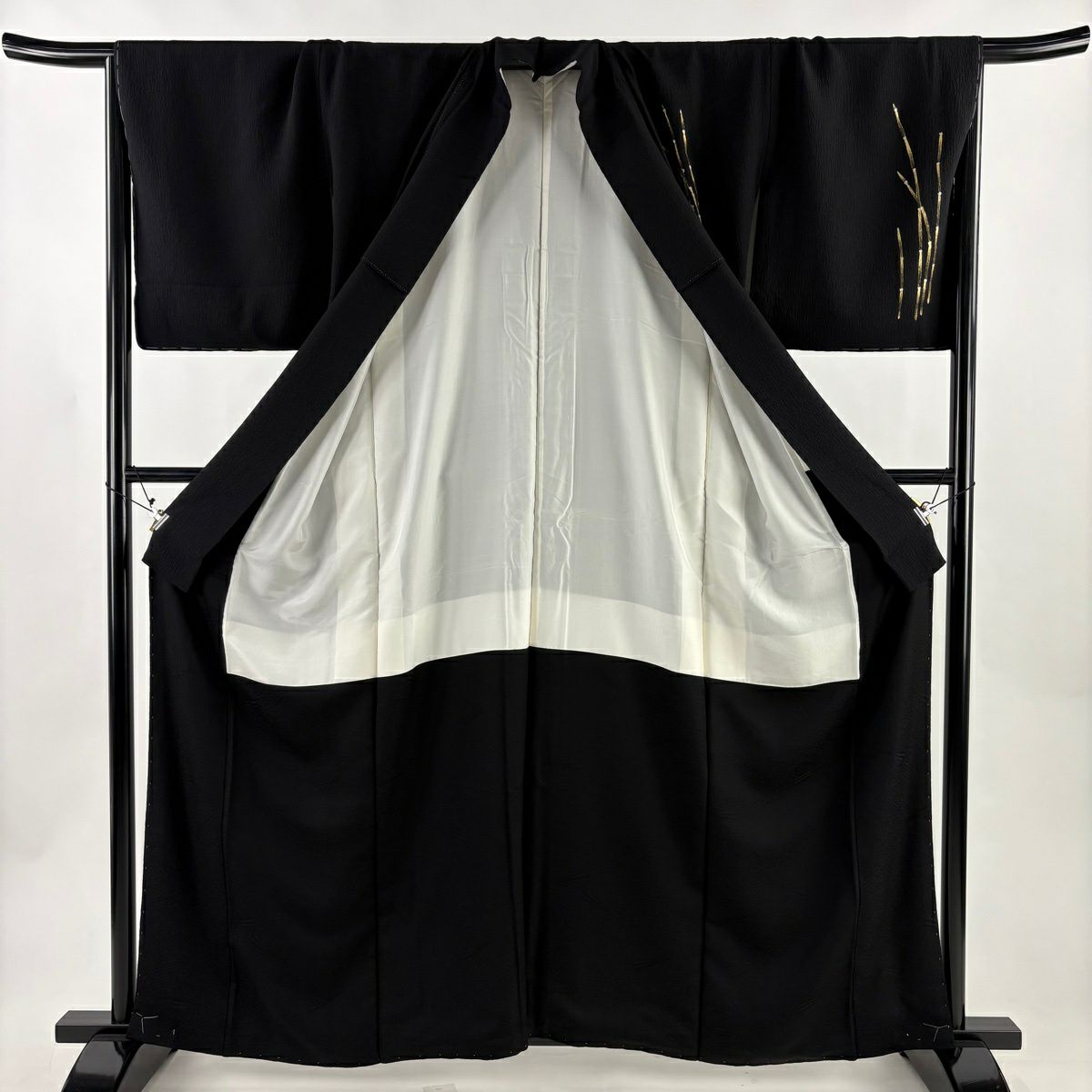 【美品】 付下 身長162.5cm 袖長67.5cm L 雙層 岩井友見 落款 木賊 金銀彩 黑 純蠶絲 秀品級