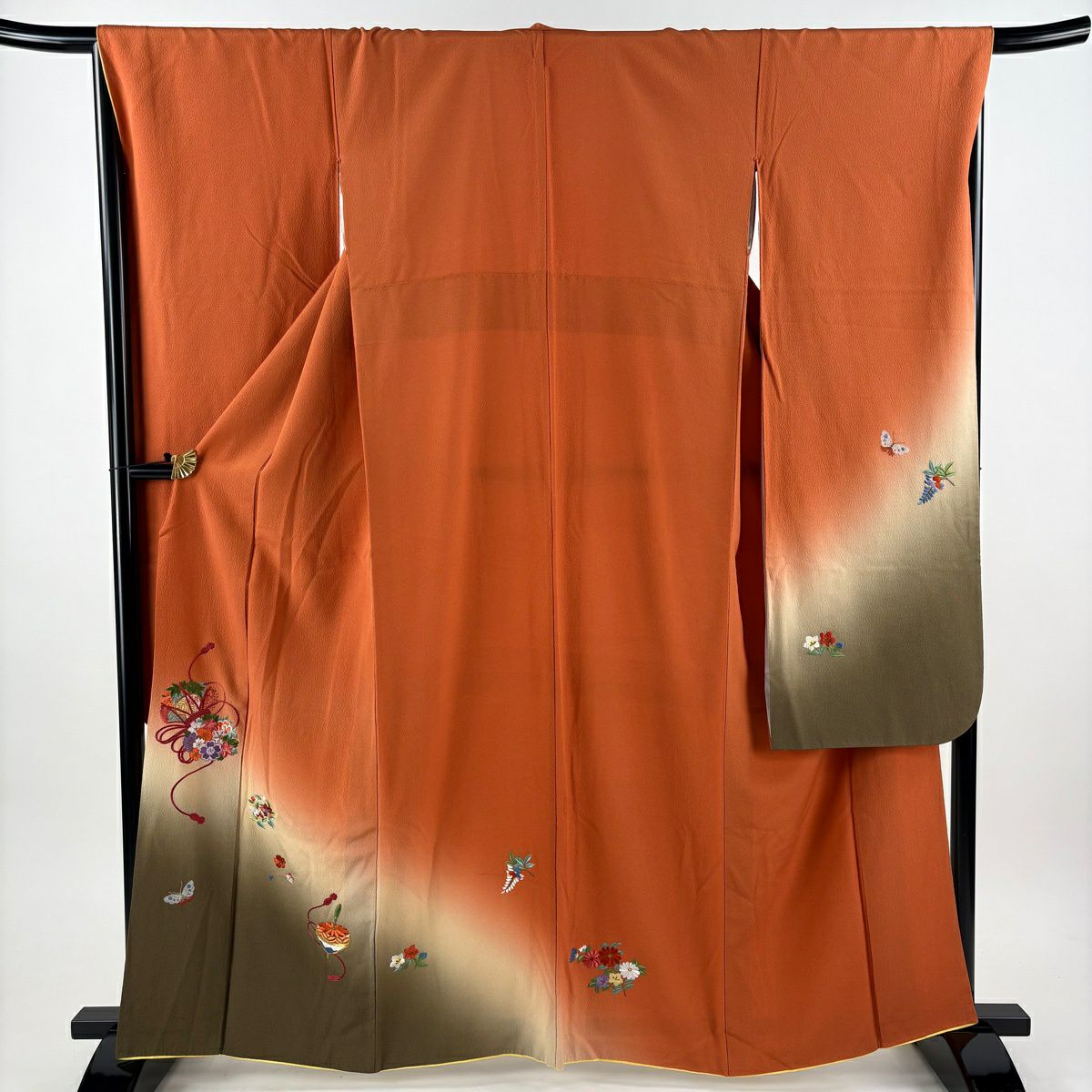 振袖禮服 身長164.5cm 袖長67cm M 雙層 花鼓 駒 刺繡 金糸 紅茶 純蠶絲 秀品級