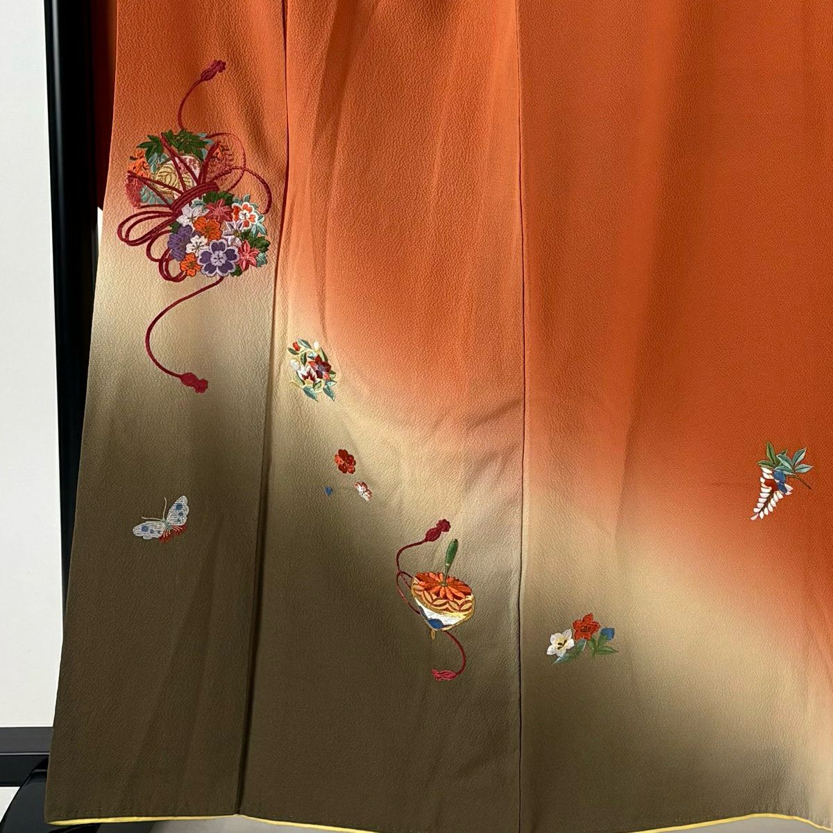 振袖禮服 身長164.5cm 袖長67cm M 雙層 花鼓 駒 刺繡 金糸 紅茶 純蠶絲 秀品級