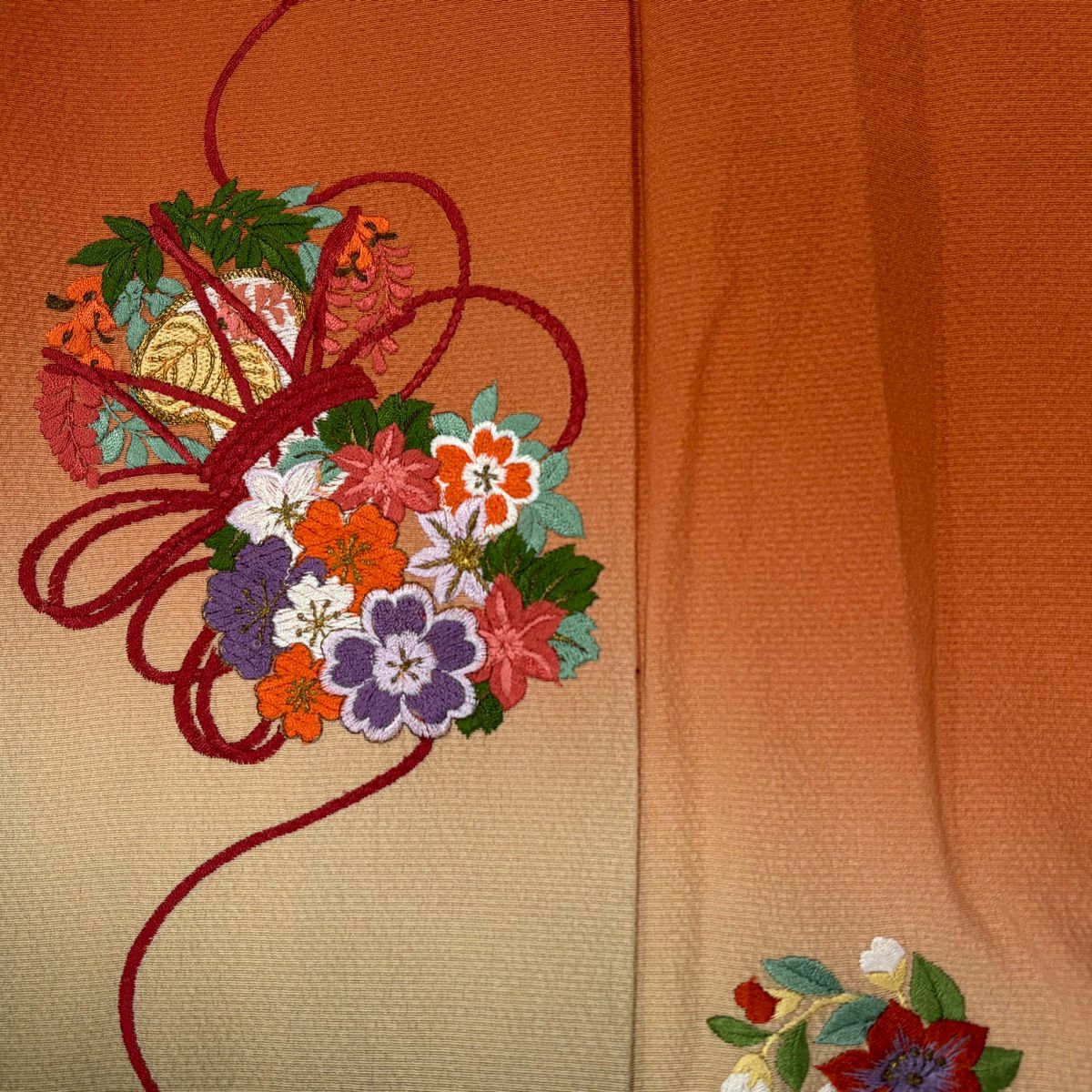 振袖禮服 身長164.5cm 袖長67cm M 雙層 花鼓 駒 刺繡 金糸 紅茶 純蠶絲 秀品級