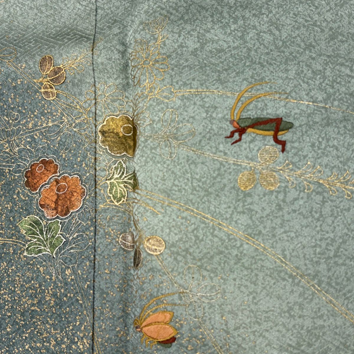 訪問服 身長166cm 袖長68cm L 雙層 草花紋紋 秋蟲刺繡 金彩裝飾 淺綠 純蠶絲 秀品級