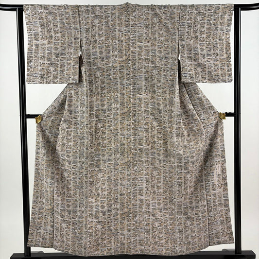 【美品】 小紋 身長156cm 袖長62cm S 雙層 落款あり 風景 灰紫 純蠶絲 秀品級
