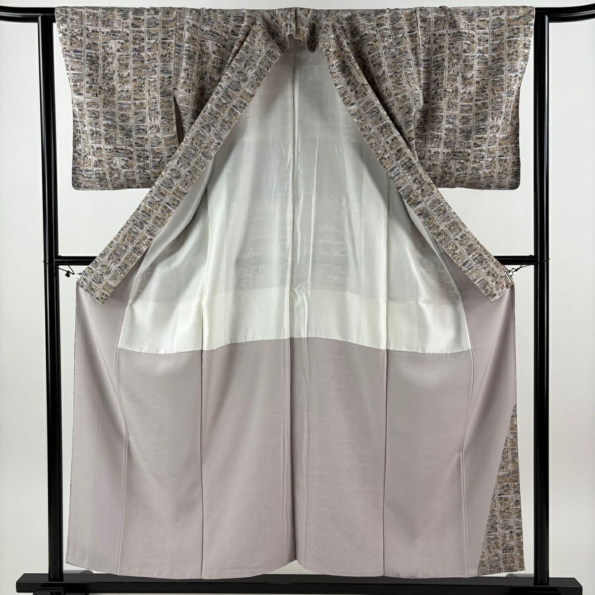【美品】 小紋 身長156cm 袖長62cm S 雙層 落款あり 風景 灰紫 純蠶絲 秀品級