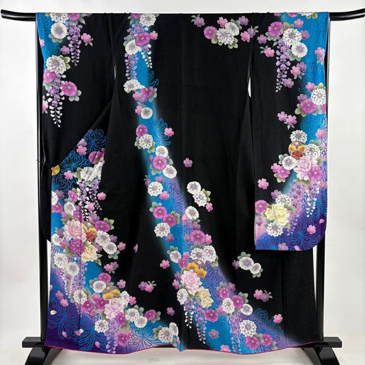 振袖禮服 身長159cm 袖長67cm M 雙層 草花紋紋 鞠 金絲 金銀彩 黑 純蠶絲 秀品級