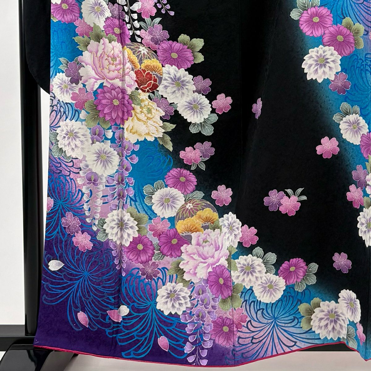 振袖禮服 身長159cm 袖長67cm M 雙層 草花紋紋 鞠 金絲 金銀彩 黑 純蠶絲 秀品級