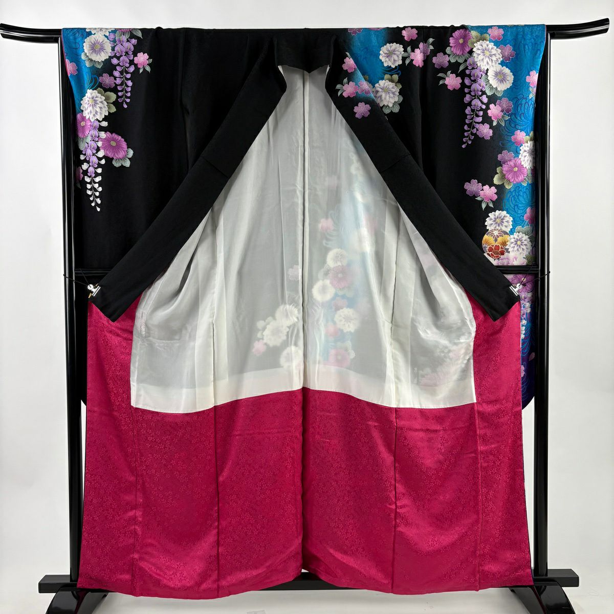 振袖禮服 身長159cm 袖長67cm M 雙層 草花紋紋 鞠 金絲 金銀彩 黑 純蠶絲 秀品級