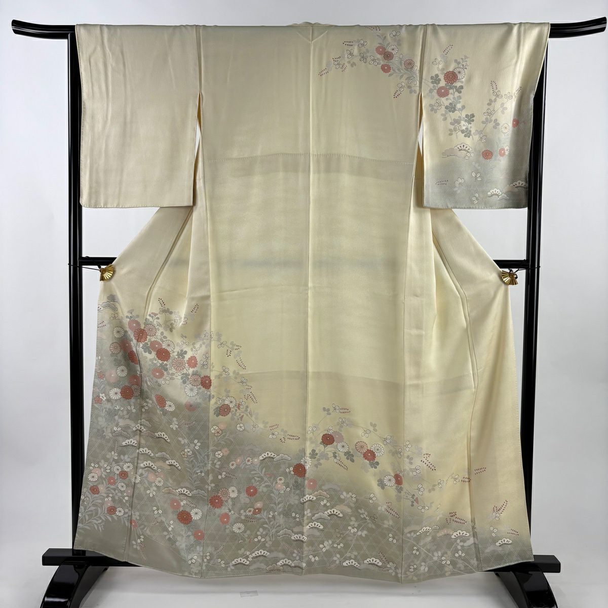 訪問服 身長162cm 袖長65.5cm M 雙層 菊花 籠目 金銀彩 淺黃 純蠶絲 優品級