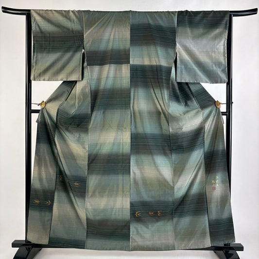 【美品】 付下 身長161cm 袖長65.5cm M 雙層 大島紬織地 落款あり 證書あり 燕 縞 刺繡 綠 純蠶絲 秀品級