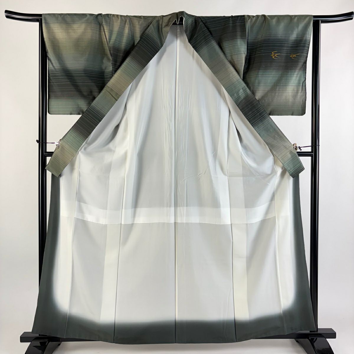 【美品】 付下 身長161cm 袖長65.5cm M 雙層 大島紬織地 落款あり 證書あり 燕 縞 刺繡 綠 純蠶絲 秀品級