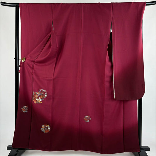 振袖禮服 身長160.5cm 袖長66.5cm M 雙層 花丸紋 蝴蝶 金絲 刺繡 紅紫 純蠶絲 秀品級
