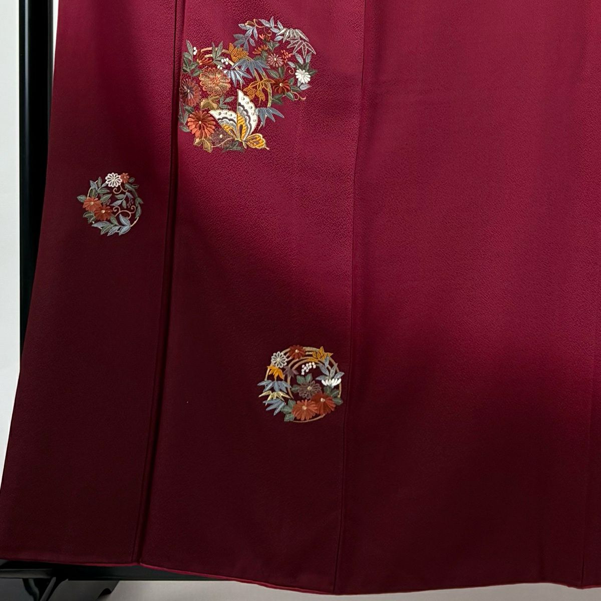 振袖禮服 身長160.5cm 袖長66.5cm M 雙層 花丸紋 蝴蝶 金絲 刺繡 紅紫 純蠶絲 秀品級