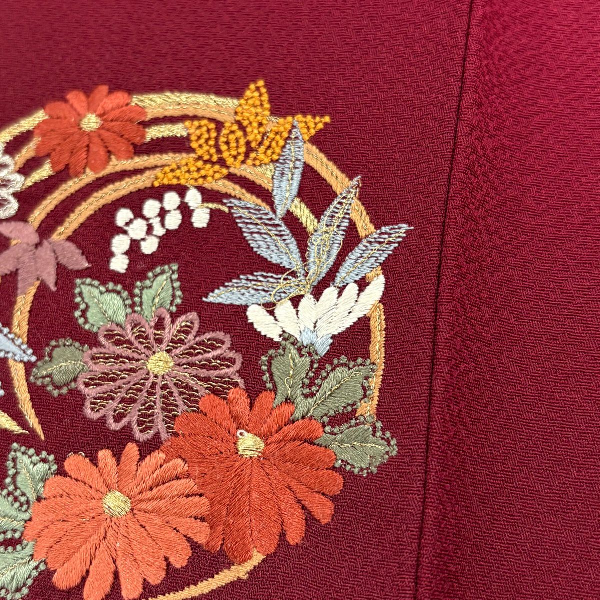 振袖禮服 身長160.5cm 袖長66.5cm M 雙層 花丸紋 蝴蝶 金絲 刺繡 紅紫 純蠶絲 秀品級