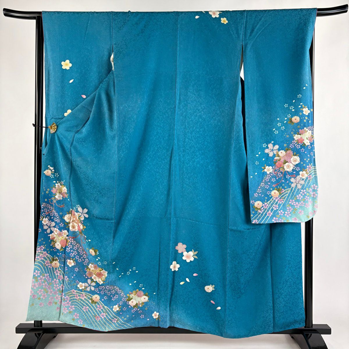 振袖禮服 身長158.5cm 袖長66cm M 雙層櫻花波金銀彩金金箔青綠純蠶絲秀品級